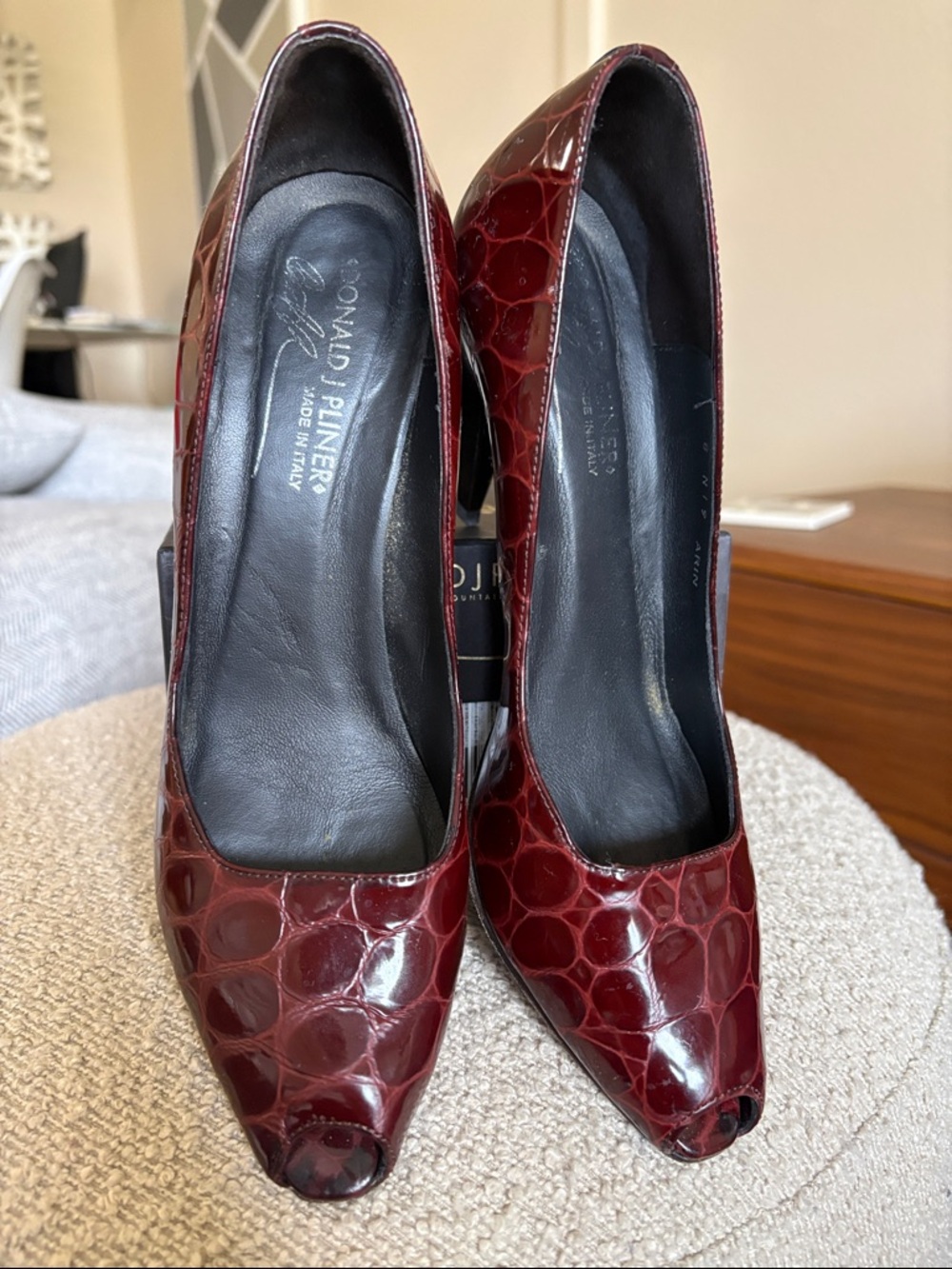 Donald J. Pliner Burgundy Croc-Embossed Patent Peep-Toe Pumps